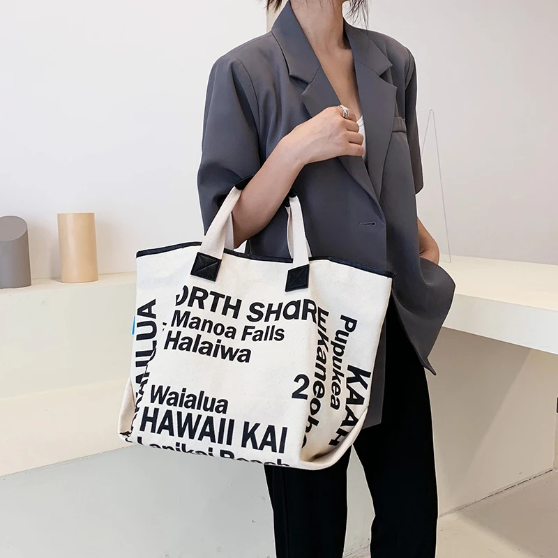 Shopping Bag Casual Tote Bag For Women Quality Canvas Portable Handbags Letter Printed Brand Shoulder Bag Large Travel Beach Bag