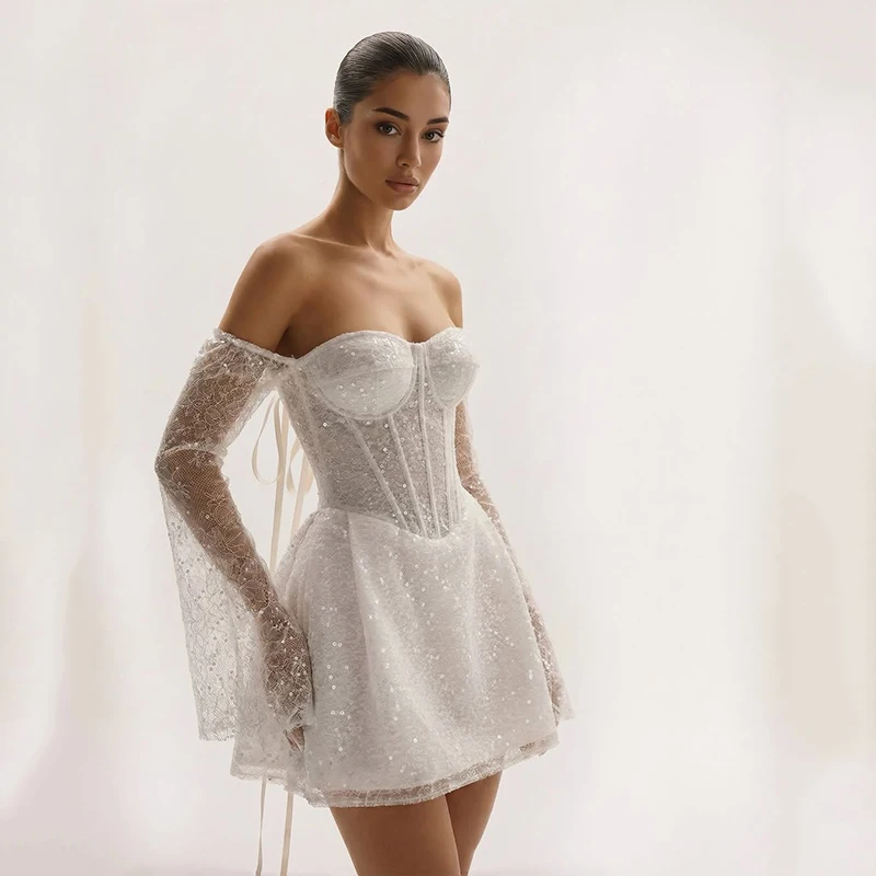 

Eightree White Short A-Line Wedding Dresses Sweetheart Sequines Mini Bridal Dress Women Evening Wedding Prom Gowns Customized