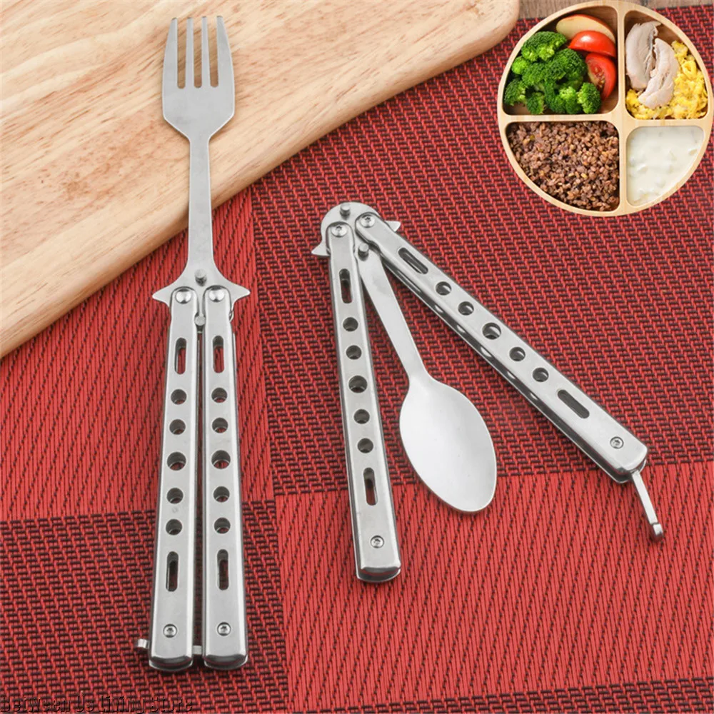 Butterfly Knife Trainer with Folding Spoon And Fork Outdoor Camping Tableware Multi-Functional Kitchen Tool for Training