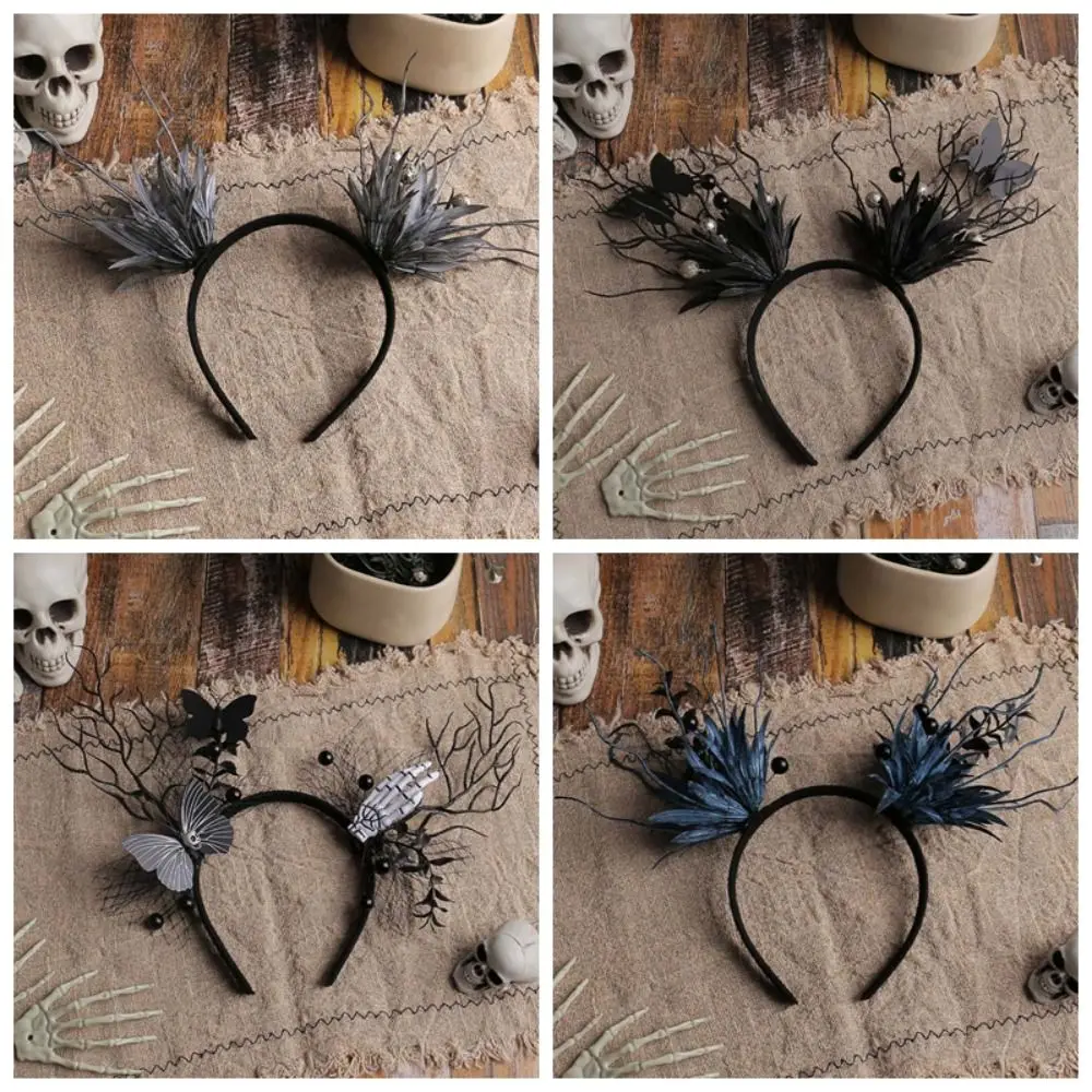 ที่คาดผมฮาโลวีนตลก ผีเสื้อสีเข้ม มุก กิ่งก้านเขากวาง ที่คาดผมมือผี อุปกรณ์ตกแต่งผมสำหรับเทศกาล
