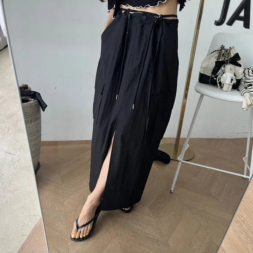 Women's A-Line Long Skirt Workwear  Skirt Slimming Dstring Waist Thin Loose ket Front Slit Versatile Commute Sle