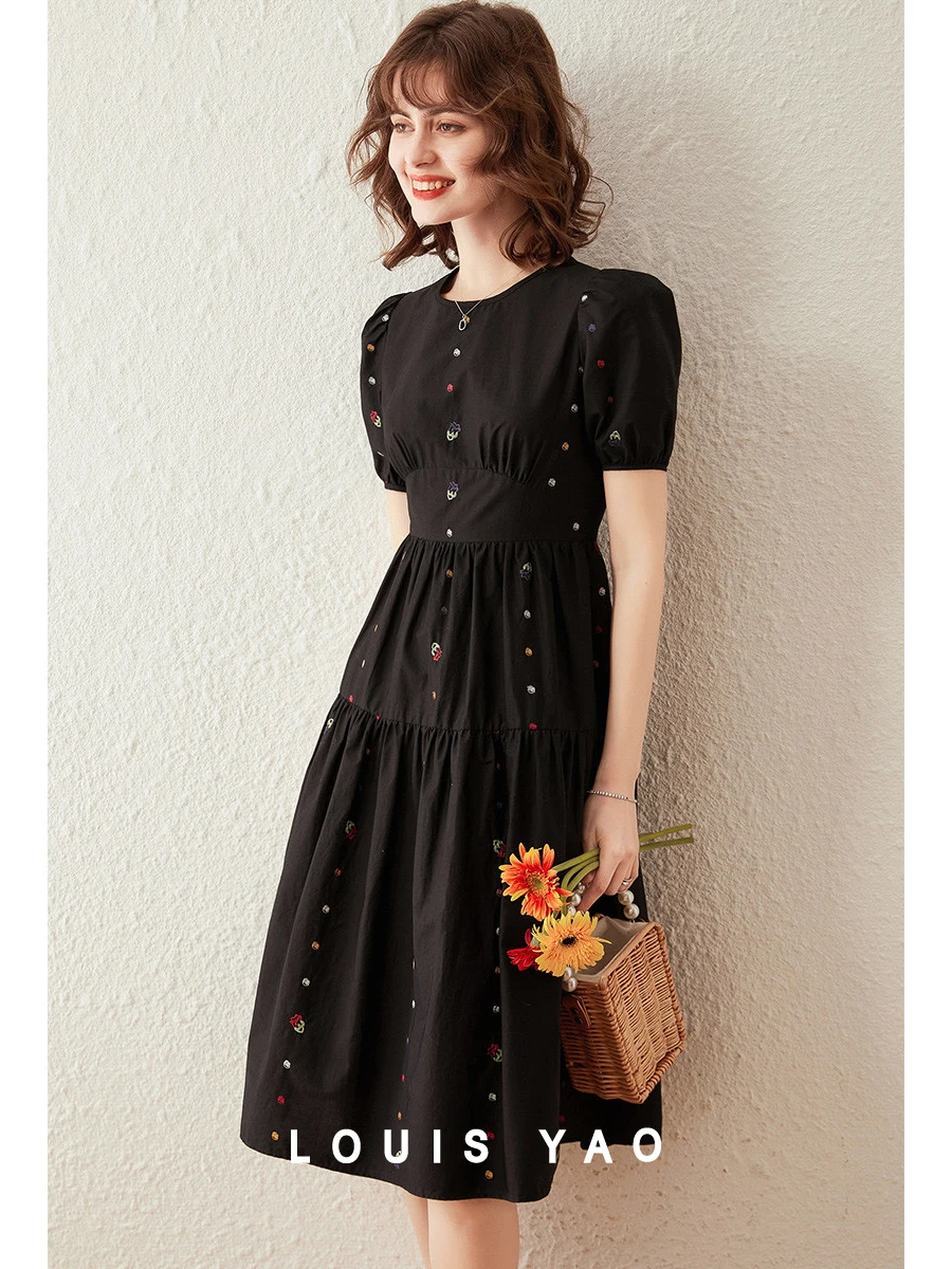 LOUIS YAO Women Dress 2024 Summer New Colorful Embroidery Round Neck Short Sleeve Puff Sleeve Waist Knee-lenght Black Dress