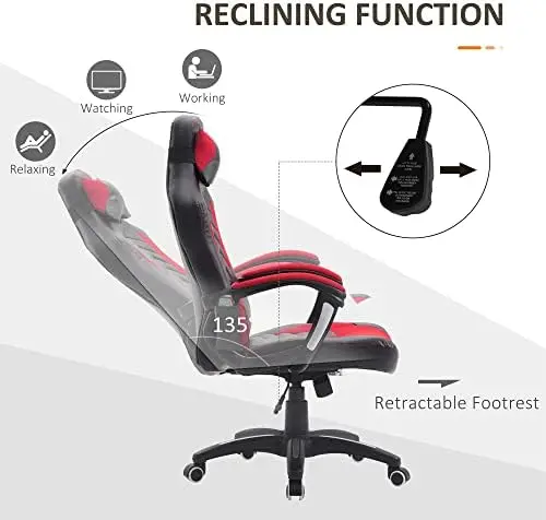 6 Vibrating Point Massage Computer Gaming Chair 5 Modes, Racing Style Heated Desk Chair Swivel Rolling Chair with Headrest, Red/