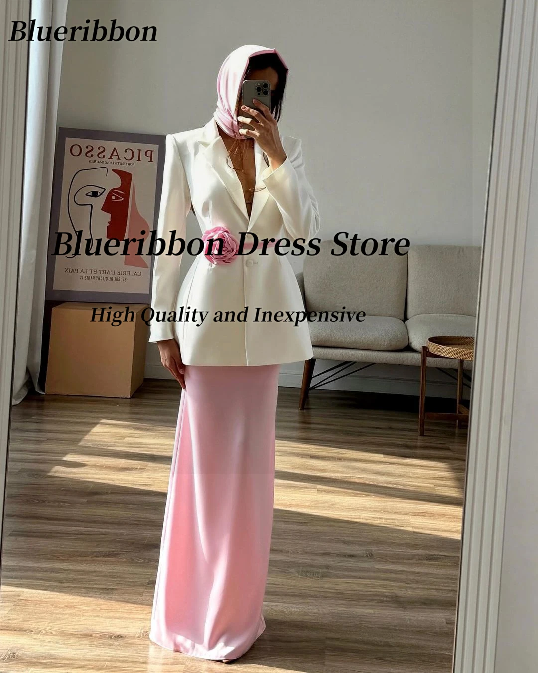 Blueribbon Two Pieces Evening Dresses 2024 Lapel V Neck Buttons Formal Occsion Dress Long Sleeves Prom Party Gowns