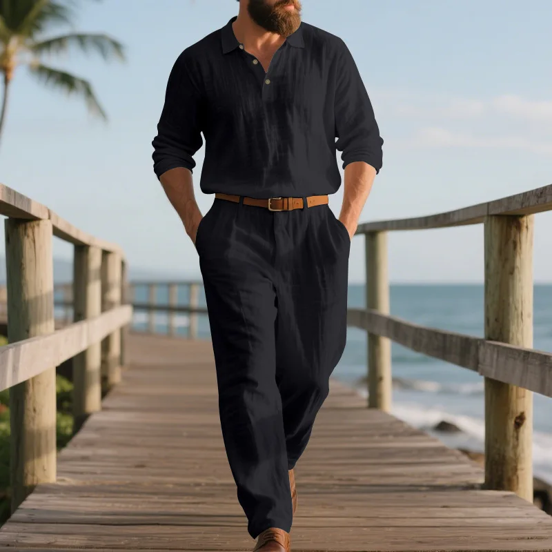 Sommer Herren Leinen 2-Teiliges Set Langarm Poloshirt Hose Einfarbig Lässig Atmungsaktiv Leicht Pendler-Outfit – Detail 11