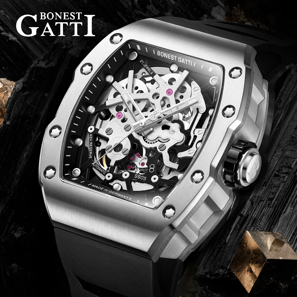 

BONEST GATTI Men Business Automatic Watch 42H Energy Tonneau Mechanical Wristwatch Skeleton Sapphire Luminous Rubber German Craf