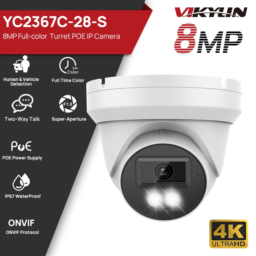 

Vikylin 2,8 мм объектив 4K 8MP турель POE IP-камера Встроенный микрофон Обнаружение транспортного средства Домашняя камера видеонаблюдения Наружная камера безопасности Onvif IP66