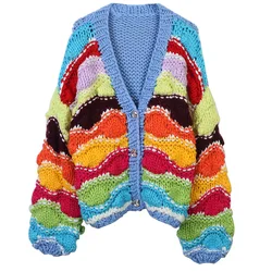 Women Autumn Winter Wave Pattern Rainbow Color Striped Knitted Cardigan Contrast Color Handmade Crocheted Sweater Coat 2023