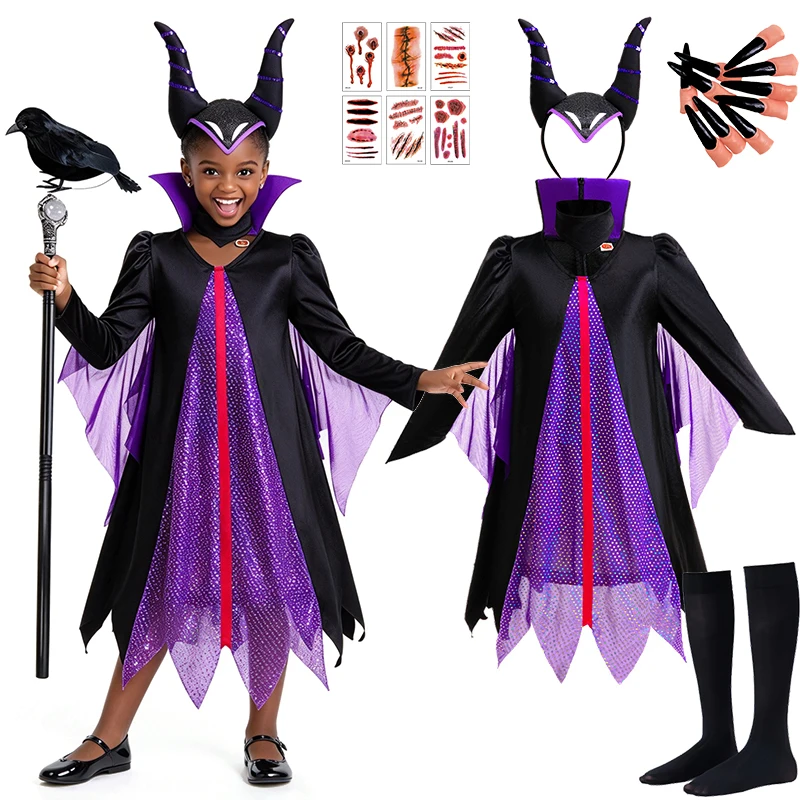 Disguised Child Fantasy Villain Evil Queen Witch Costume Halloween Cosplay Vampire Carnival Party Masquerade Children's Clothing