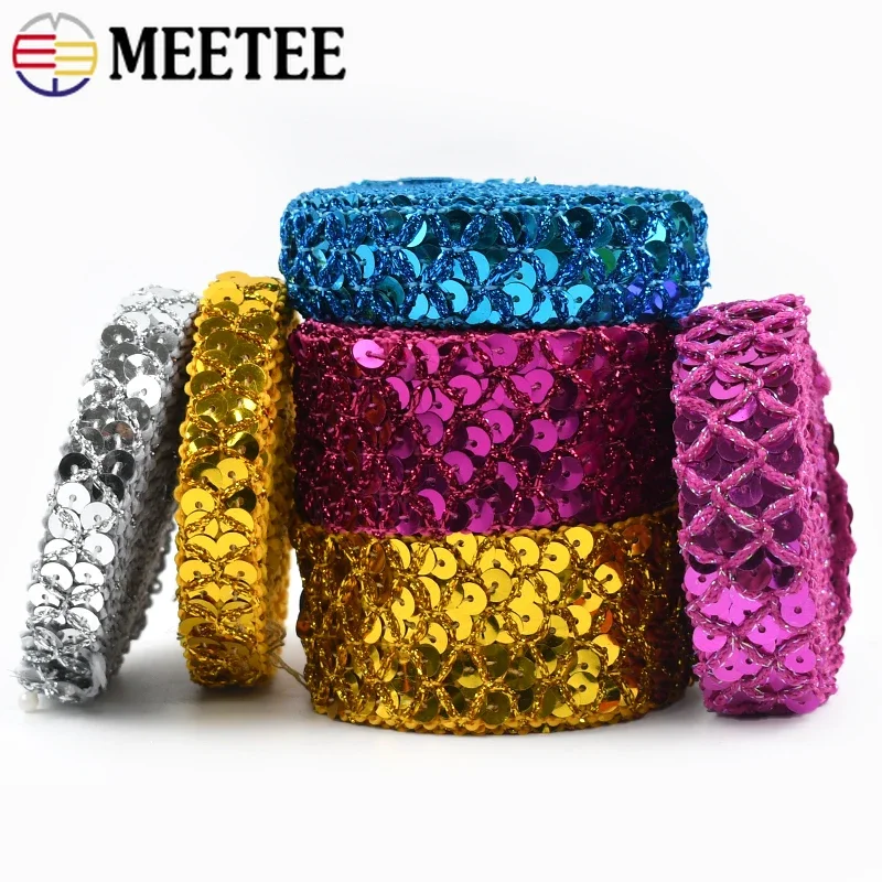 Meetee 2/5/10M 15/20/35mm Sequin Ribbons Lace Trim for Sewing Dance Dress Wedding Party Garment Decoration Tape DIY Accessories