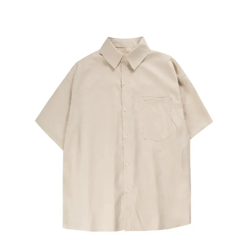 

Oversized Solid Color Short Sleeve Shirts For Men Japanese Style Loose Fit Casual Button Down Shirt With Chest Pocket