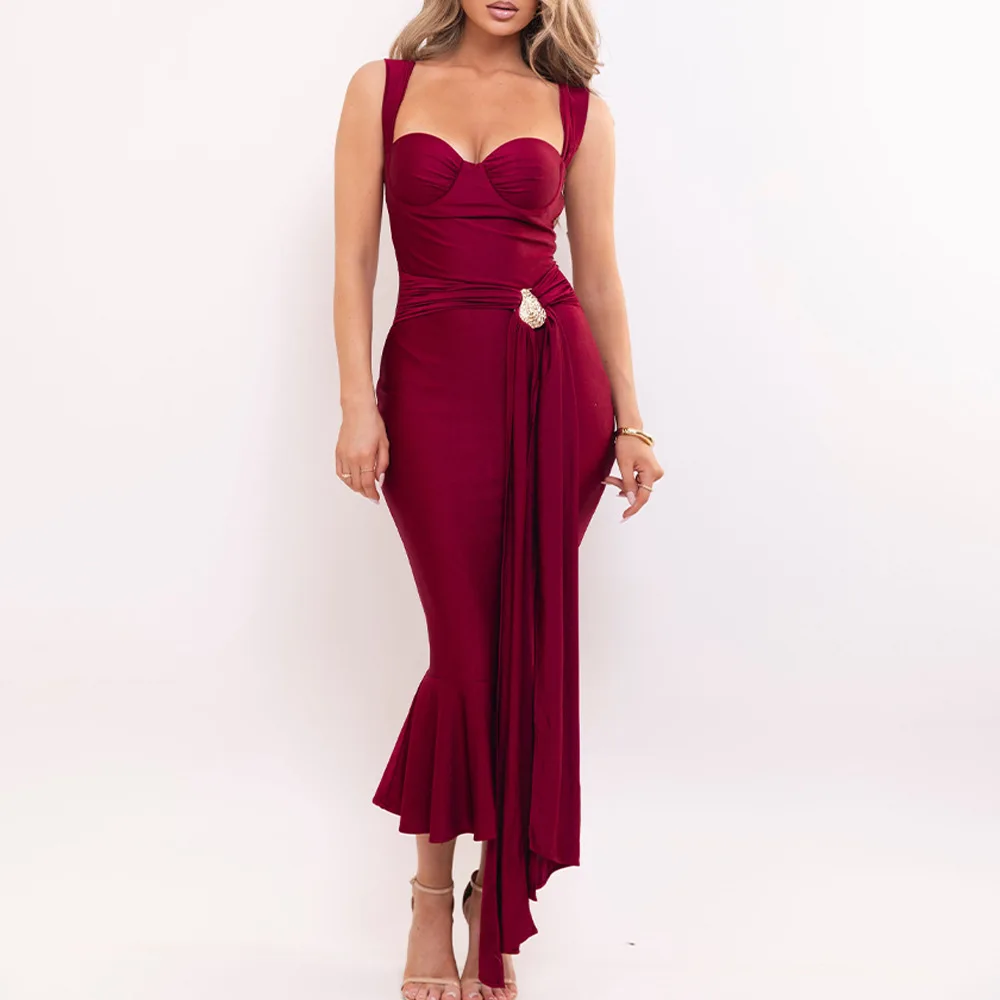 

Absobe Elegant Halter Neck Tie Strapless Maxi Dress Women's Sexy Belt Ribbon Solid Backless Slim Bodycon Long Dress Partywear