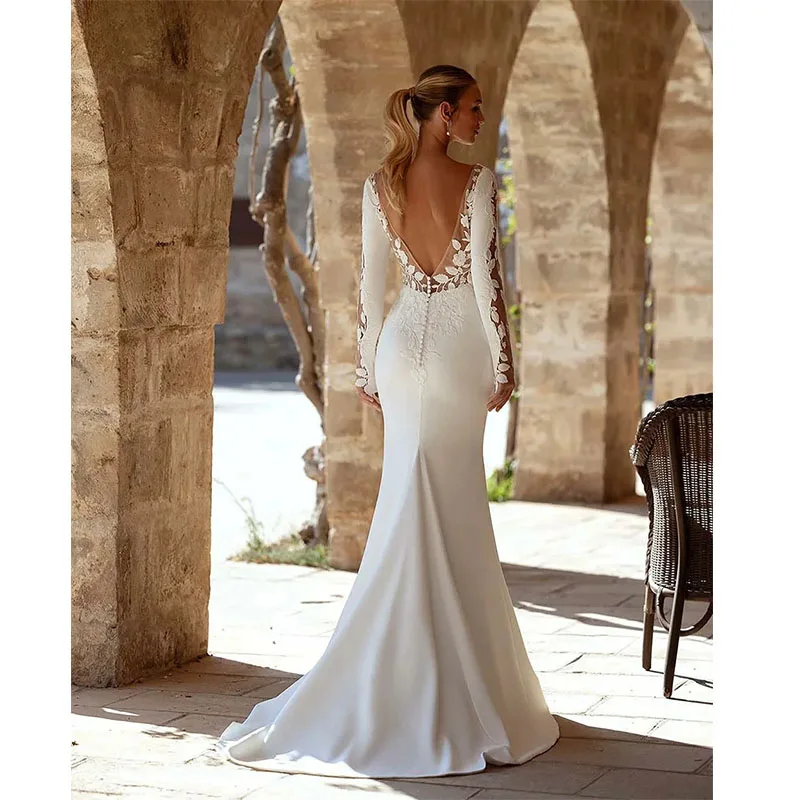 Graceful V-Neck Mermaid Satin Wedding Dresses Long Sleeves Lace Appliques Floor Length Bridal Gowns vestido de novia
