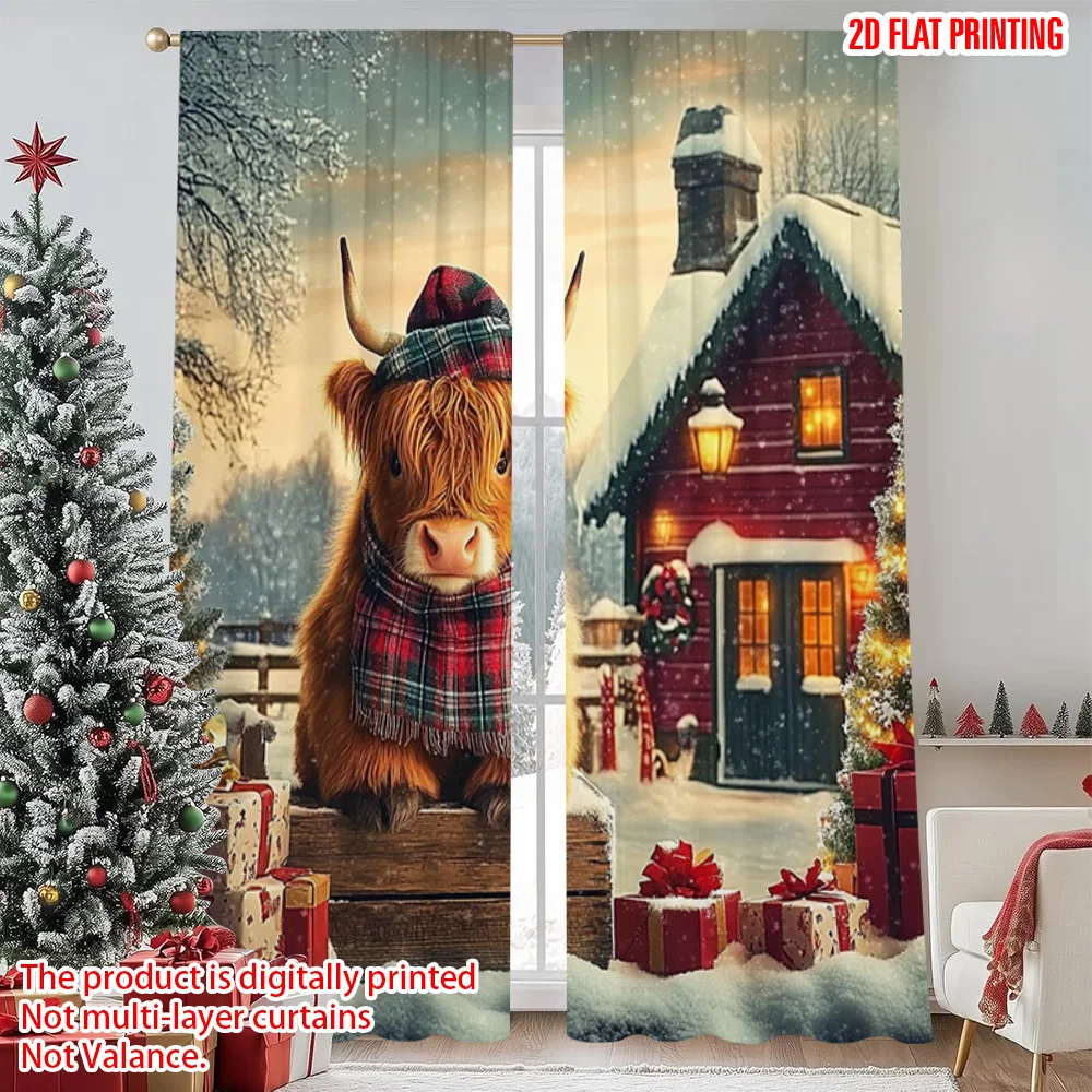 

2pcs 2D flat printing Christmas Party Curtain Highland Cow Christmas Durable Polyester Without Electricity Spring Party &