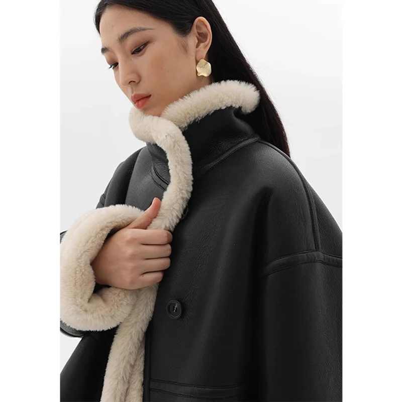 2023 Winter New Faux Fur Fleece Short Coats for Women Fashion Simple Stand Collar Lamb Wool Coat Office Lady Solid Color Jacket