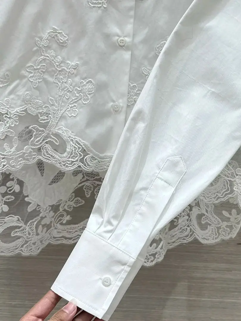 Women White Cotton Shirt Autumn Lace Embroidery Patchwork Turn-down Collar Single Breasted Long Sleeve Elegant Ladies Blouse
