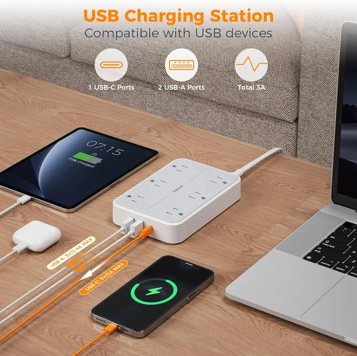 شريط طاقة متعدد التوصيل من تيسان مع 6 منافذ تيار متردد و3 شاحن تمديد مسطح USB بطول 10 أقدام مع حماية من زيادة التيار للمكتب المنزلي