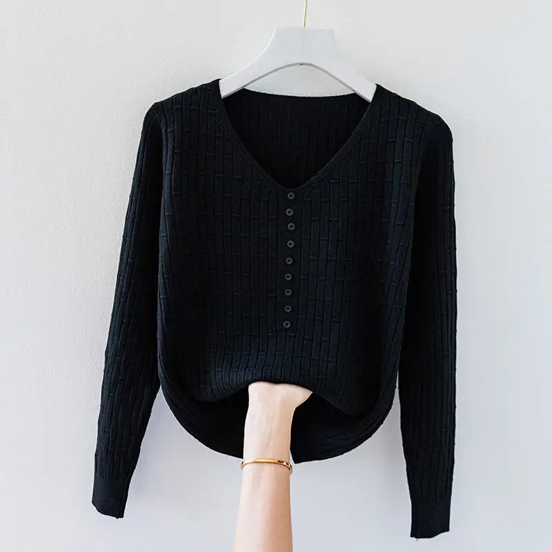 Women V-Neck Knitted Sweater Korean Fashion Autumn Winter Bottoming Pullover All-Match Vintage Long Sleeve Knitwear Pullover