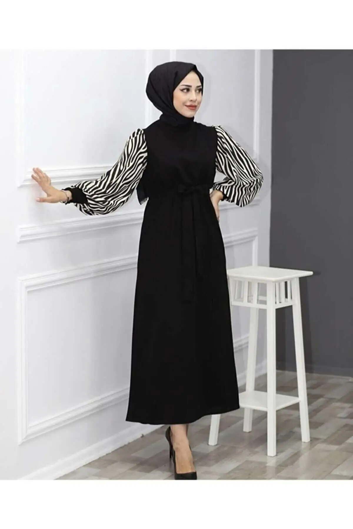 

Zebra Patterned Long Hijab Dress - Black. Special design product. High quality women's hijab dress. Tops. Muslim Clothing.