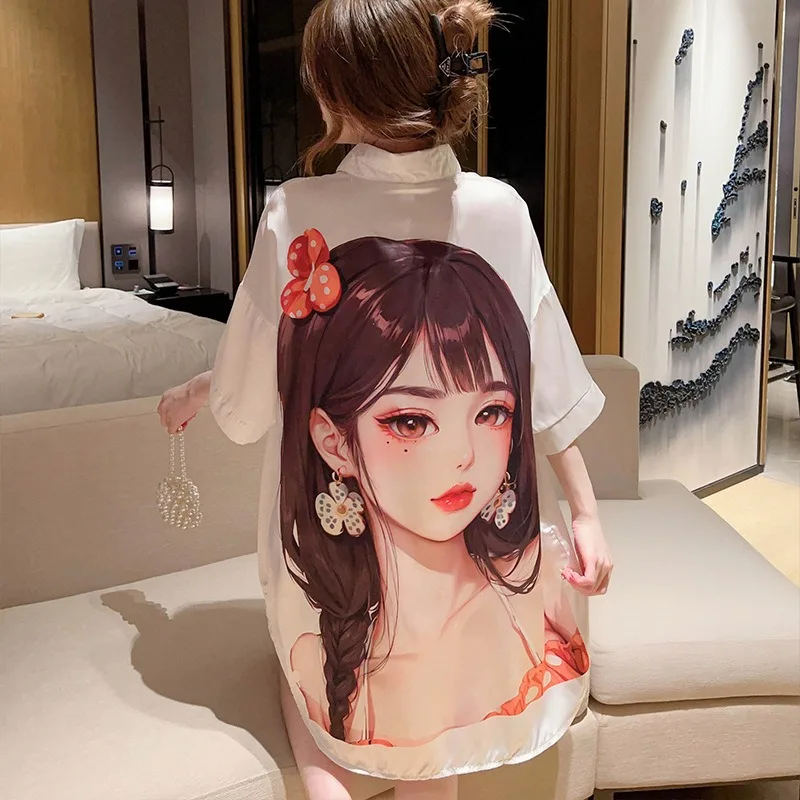 Fall and Winter Nightwear Women Cardigan Mid-Length Skirt Student Homewear Loose Lapel Nightgowns Ladies Nightgown Sleepwear