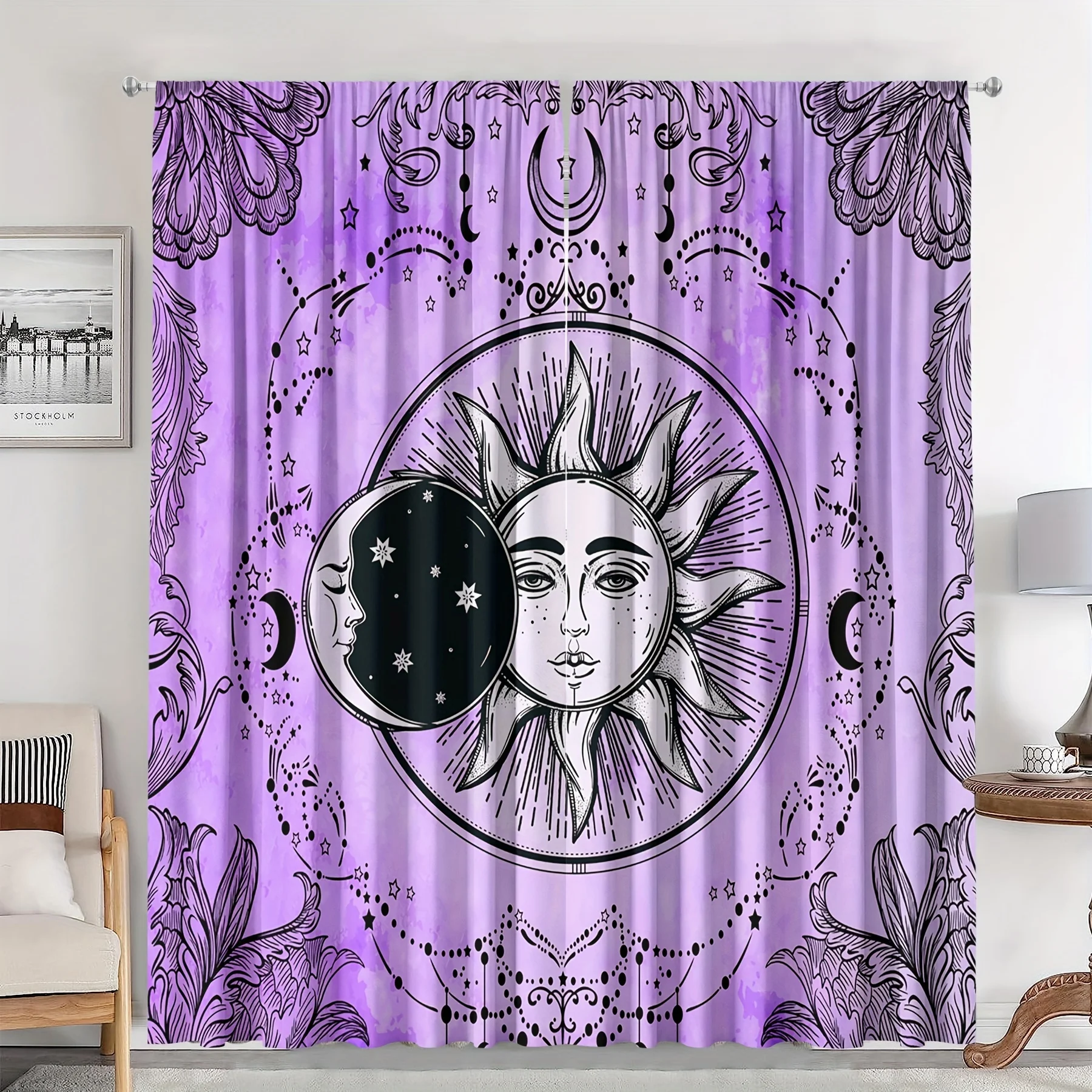 Mystic Sun and Moon Curtains Purple Tarot Card Print Blackout Drapes for Living Room Bedroom Window Treatment Home Decor
