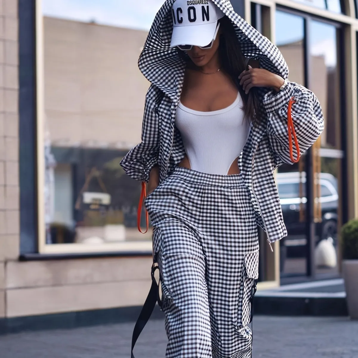 Lente Herfst Casual geruite damesset Mode Zak Losse capuchon Jas met lange mouwen + broek 2-delig pak Straat