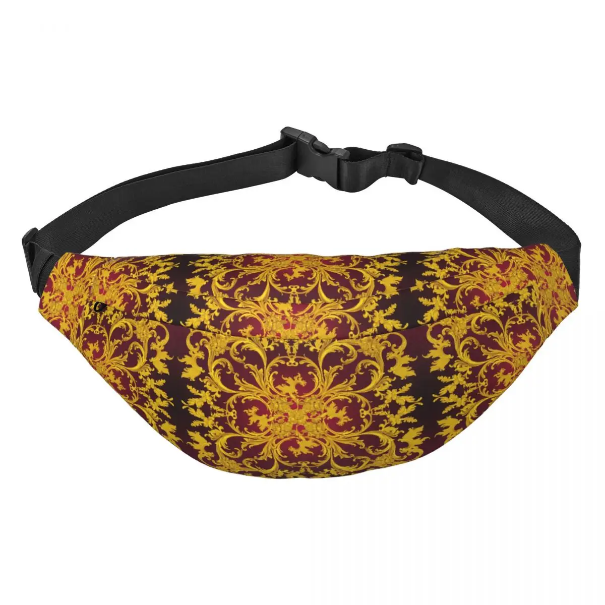 Rococo Kaleidoscopic Burgundy And Gold Fanny Pack Women Men Baroque Sling Crossbody Waist Bag Travel Cycling Phone Money Pouch