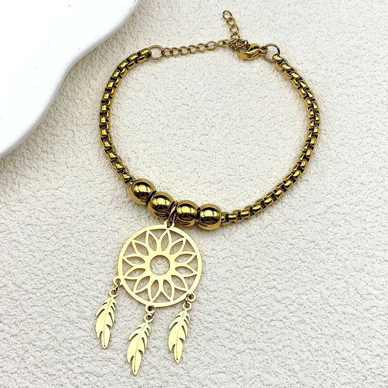 

Boho Flower of Life Dream Catcher Feather Tassel Bracelet for Women Girls Stainless Steel Hollow Lucky Hand Chain Jewelry Gift