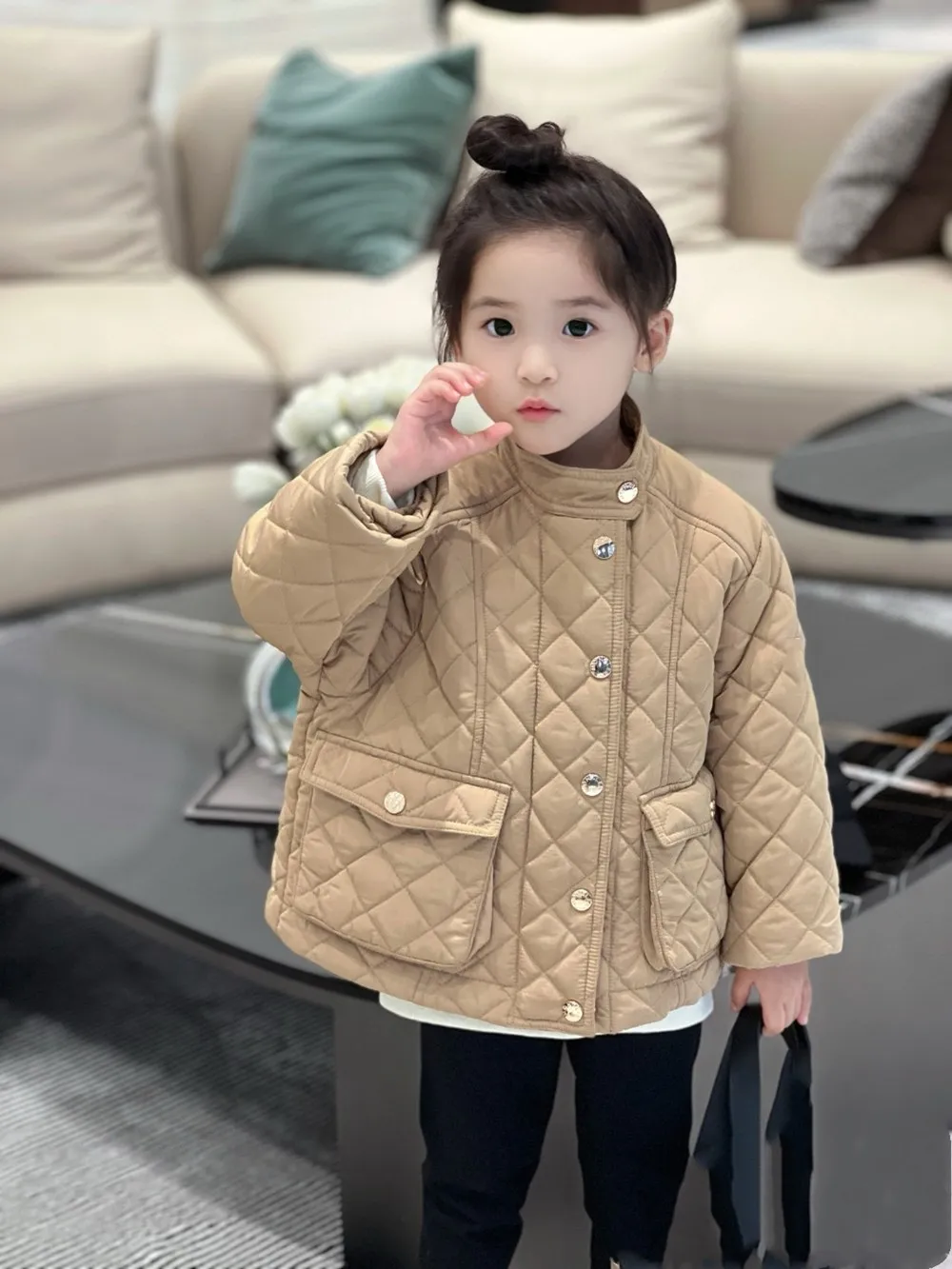 

Autumn winter coat kids clothes Large pocket checkered pattern khaki jacket fashion girl clothes