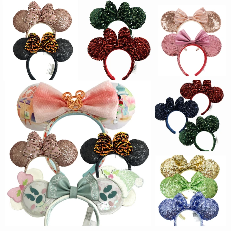 

2pcs Disney Mickey Mouse Ear Women Headband Disneyland Sequin Minnie Hairband Child/Adult Bow Hair Accessories Birthday Gift