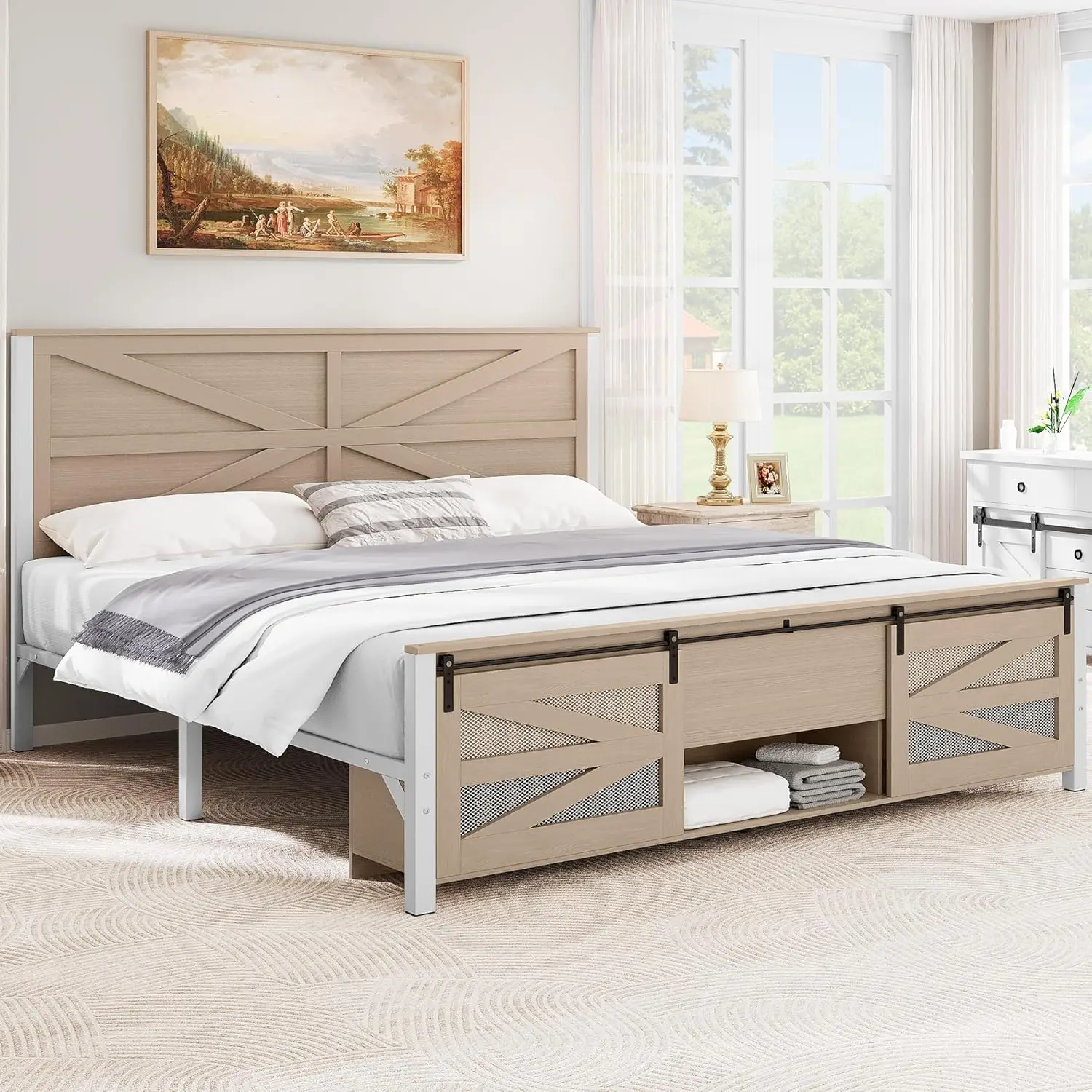 

King Size Bed Frame with Charging Station, Farmhouse Platform Bed Frame with Headboard, 2 Storage Shelves, Noiseless, No Box