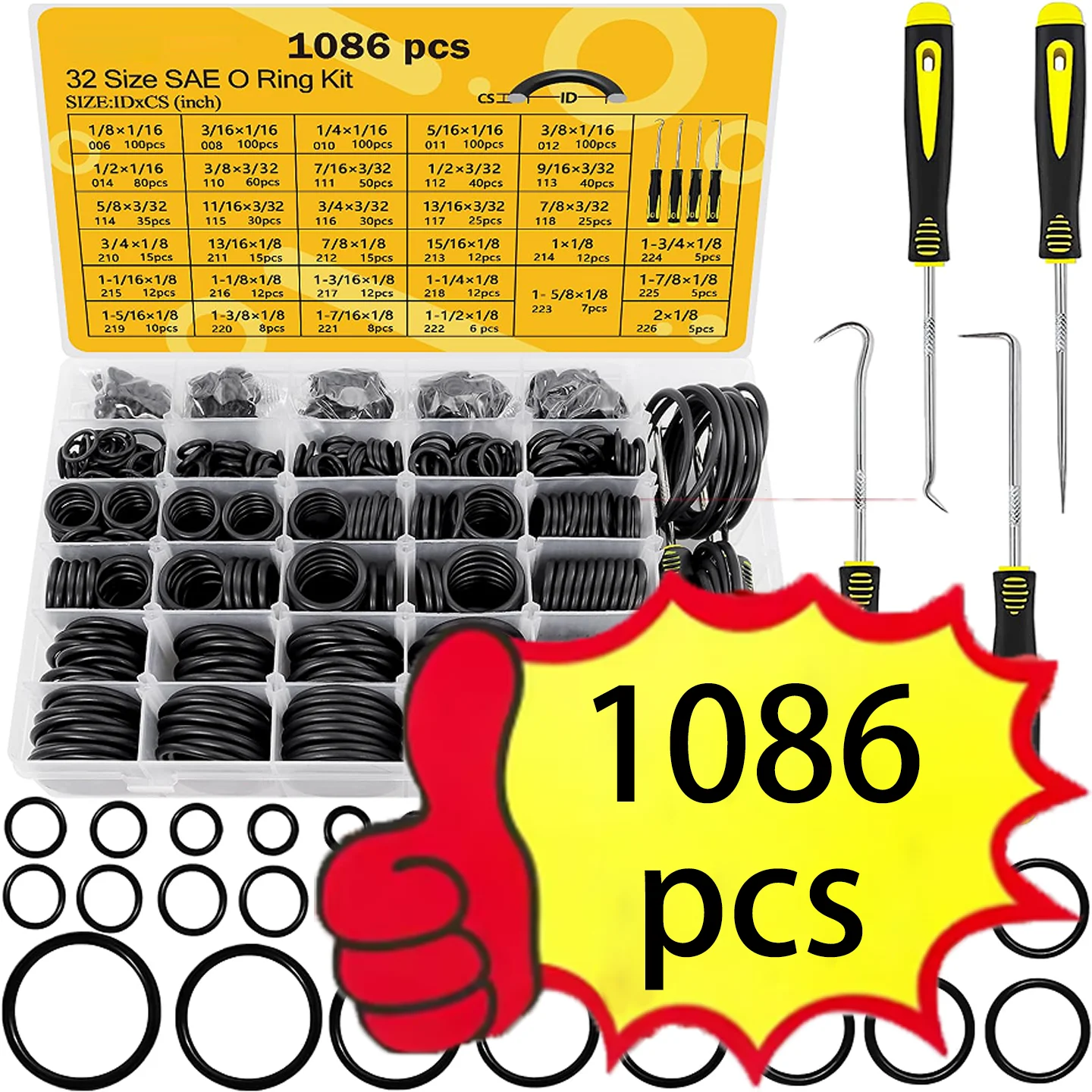 32 Sizes 1086 Pcs SAE O Ring Kit for Hydraulic Car Mechanical Assorted AS568 Standard Buna-N Orings Set Fits Home Faucet Plumbin