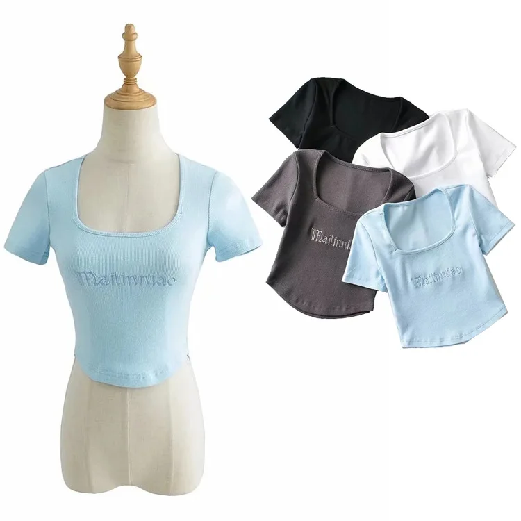 Summer American Retro Embroidered Base Shirt Low Chest Bore Hole Short Sleeve Square Collar T-Shirt High Waist Top