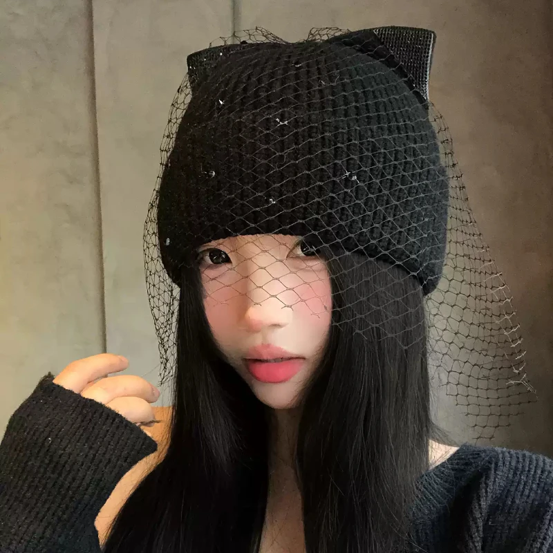 Y2K 스타일의 고양이 귀 모양 니트 비니, 망사 베일 - Beanie Cuffed Knit 리뷰 및 가격