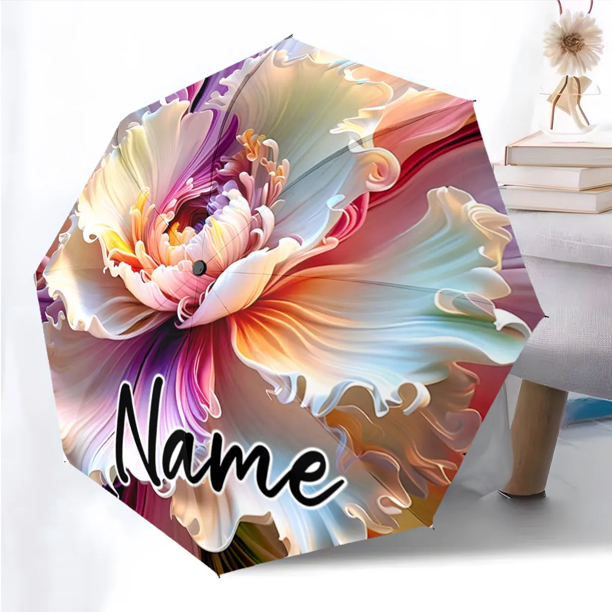 Custom Name Floral Umbrella with Vibrant Abstract Design Print 8 Iron Ribs Folding Umbrella Auto-Open Fashion Sunshade