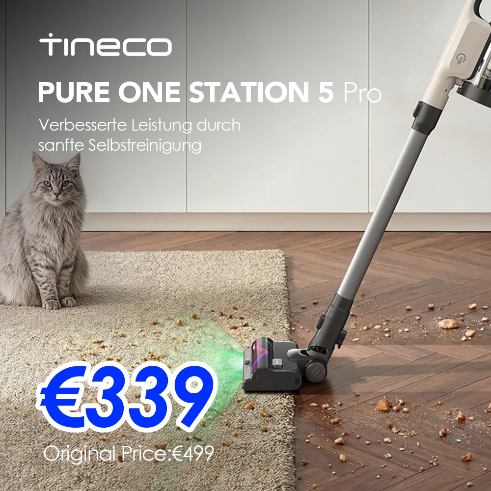 Tineco Pure ONE Station 5 PRO Kabelloser Akku Staubsauger, vollständiger Selbstreinigung, 200AW Saugkraft, Bis zu100 Min Laufzeit, ZeroTangle, EdgeSense, LightSense