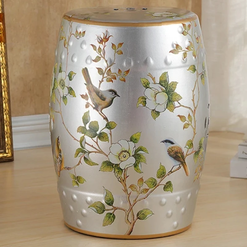 السيراميك الغرور البراز حذاء البراز زهرة الطيور طبل البراز الخزف الرصيف المطرزة العثماني ديكور المنزل H45X28cm