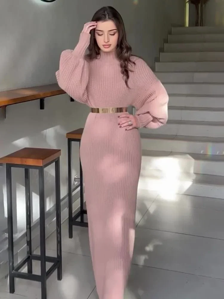 TARUXY Knitted Long Dress With Belt Women\'s Turtleneck Pullover Solid Sweater Dresses Fashion Long Sleeve Holiday Party Clothes