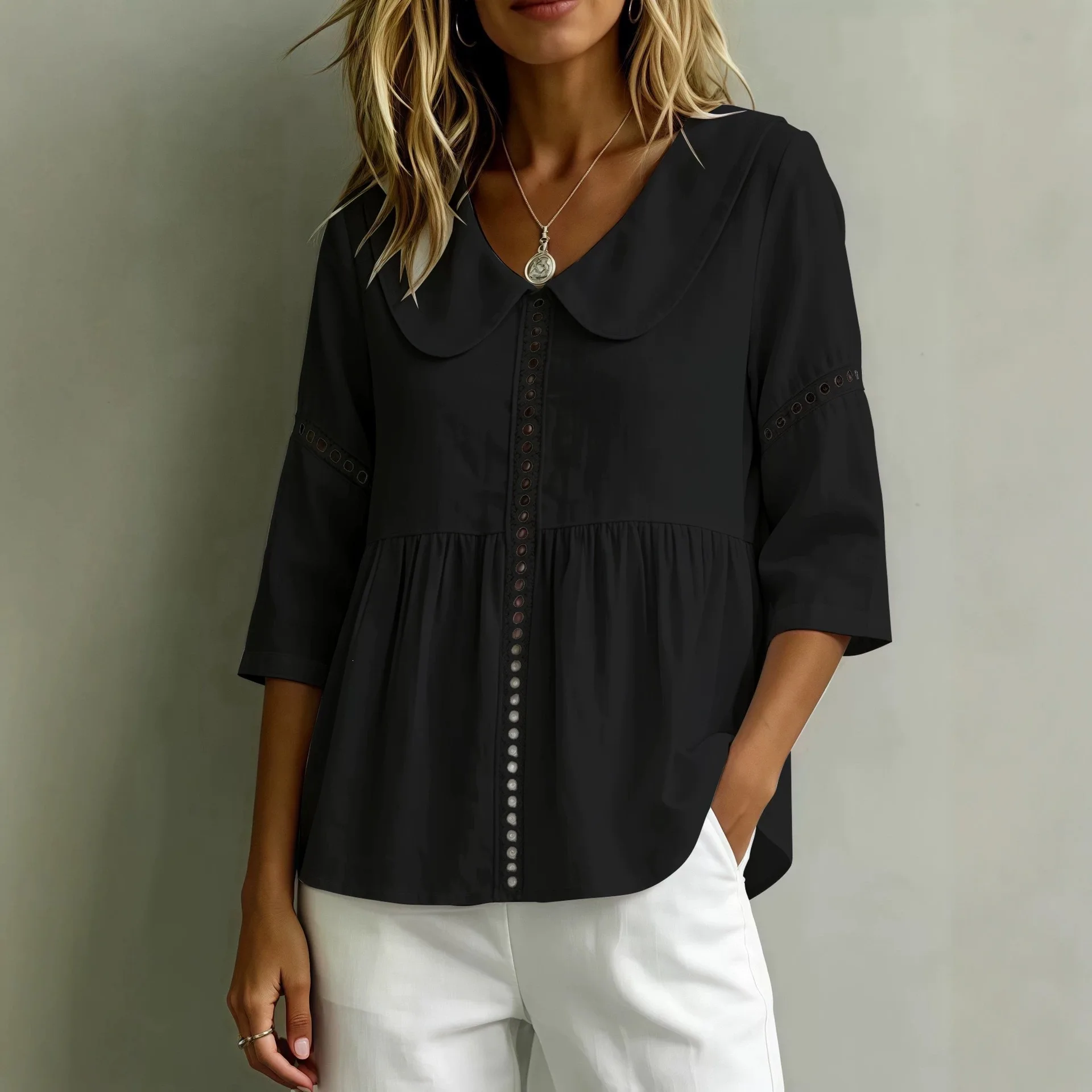 Women V Neck Blouse Babydoll Tops 3/4 Sleeve Hollow Out Loose Fit Slimming Casual Tops