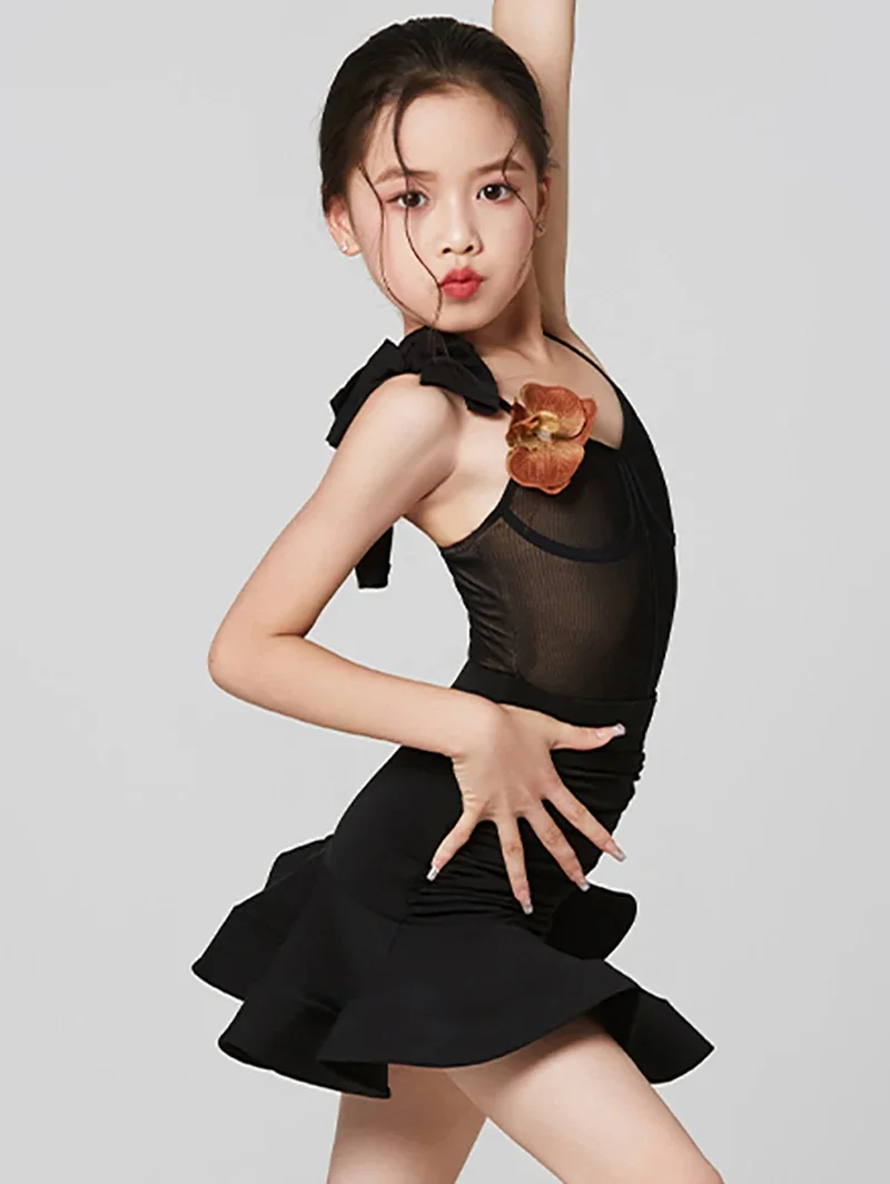 Latin Dance Dress for Girls Kids Sleeveless with Pleated Big Skirt Hem Practice Performance Split Set Ballet Dancewear Costume