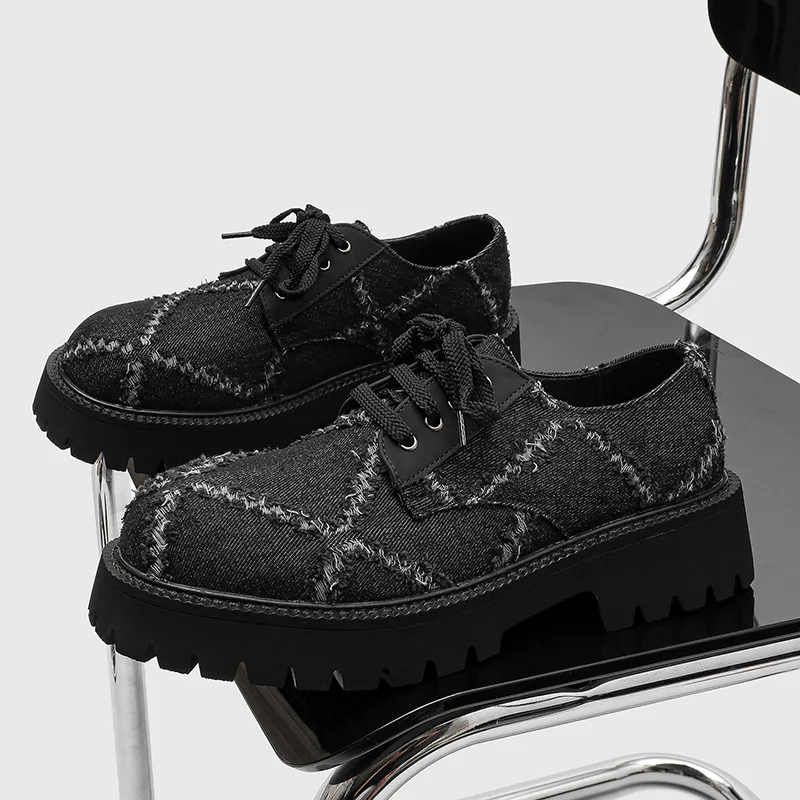 Men Derby Shoes Denim Casual Flats Increasing Slip On Thick Sole Ankle Boots Vintage Brand Luxury Designers Sneakers