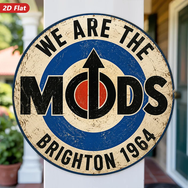 2D Flat, 1pc Mod Target Round Metal Sign Wall Art, We Are The Mods Text, Ideal for Workspace Entryway Living Room, Brighton 1964
