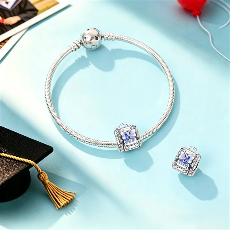 New 925 Sterling Silver Butterfly Backpack Charms Beads CZ Zircon Dangle Fit Original Bracelet DIY Women Birthday Party Jewelry