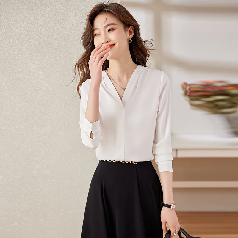 NAVIU Fashion Elegant Shirt Women New Spring V Neck Temperament Chiffon Long Sleeve Blouses Office Ladies Work Tops