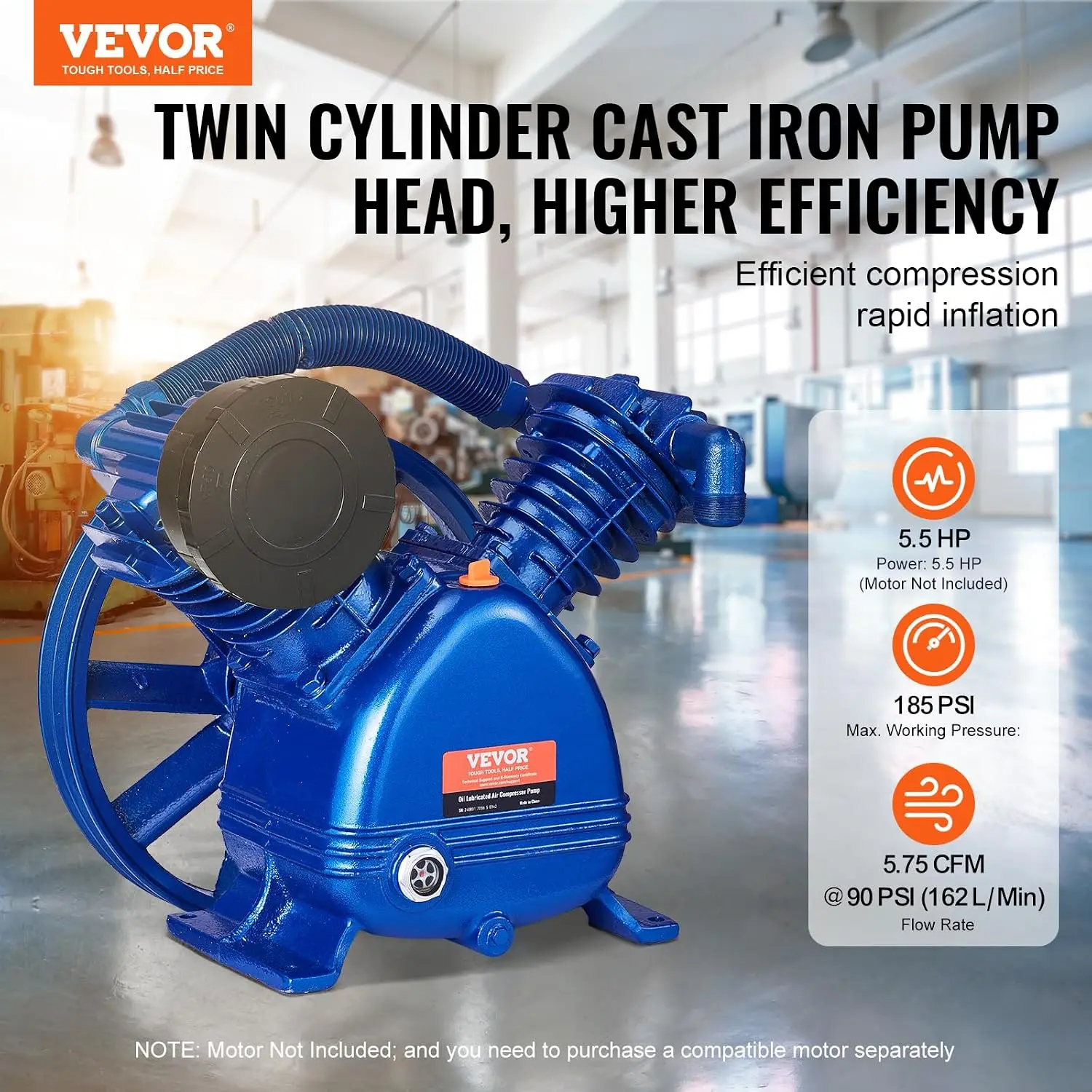 Air Compressor Pump Head,5.5HP 5.75CFM @ 90PSI,Twin Cylinder Oil Lubricated Air Compressor Piston Pump Head, Dual Stage V-Type C