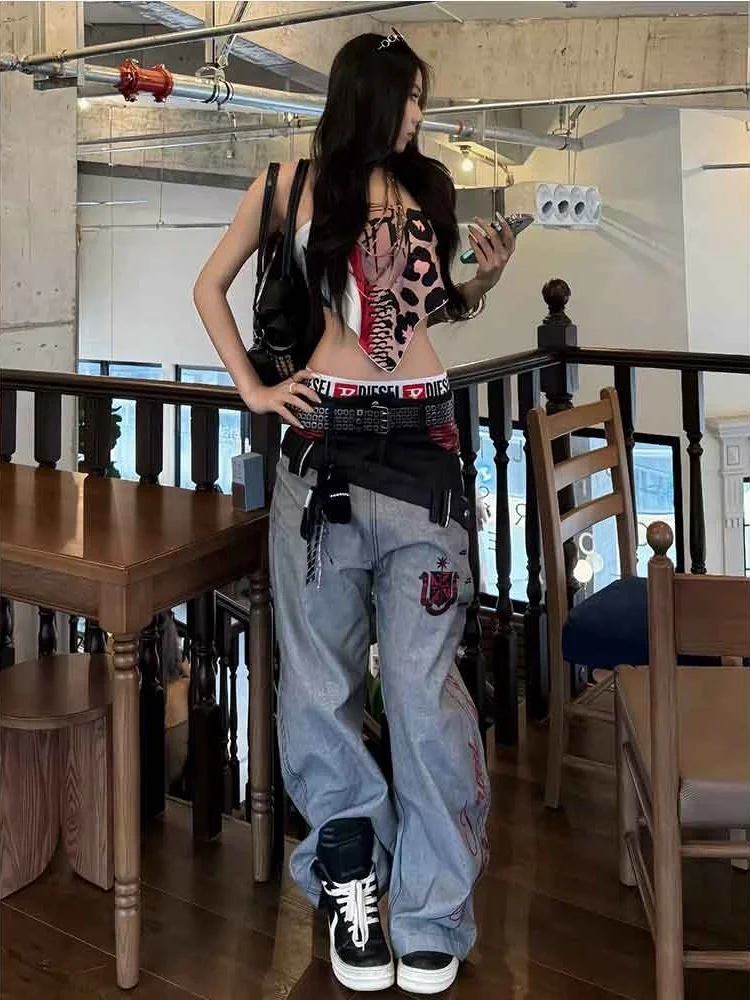 Jeans Vintage Americano Lavado com Cintura Dupla e Bordas Vermelhas, Estilo Masculino e Feminino, Novo, Cleanfit, Calças Larg...