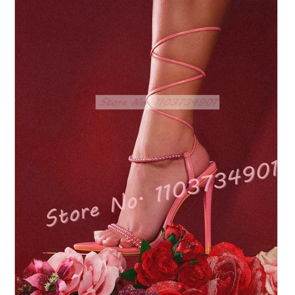 

Pink Pearl Lace Up Sandals Women Thin Heels Sexy Elegant Pointy Toe Shoes Girls Party Ankle Slender Strap High Heels Sandals