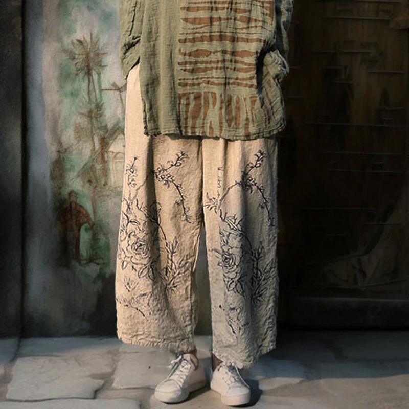 

High Waist Cotton Linen Wide Leg Pants Women New 2025 Spring Vintage Style Floral Print Female Ankle-length Casual Pants M1495