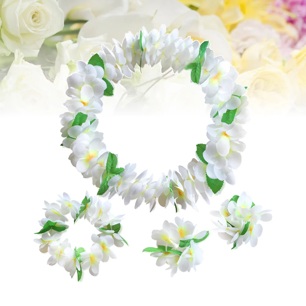 4 Pcs Flower Lei Banner Hawaiian Garland Luau Party Decoration Supplies Seaside Resort Bracelets Head Bandana