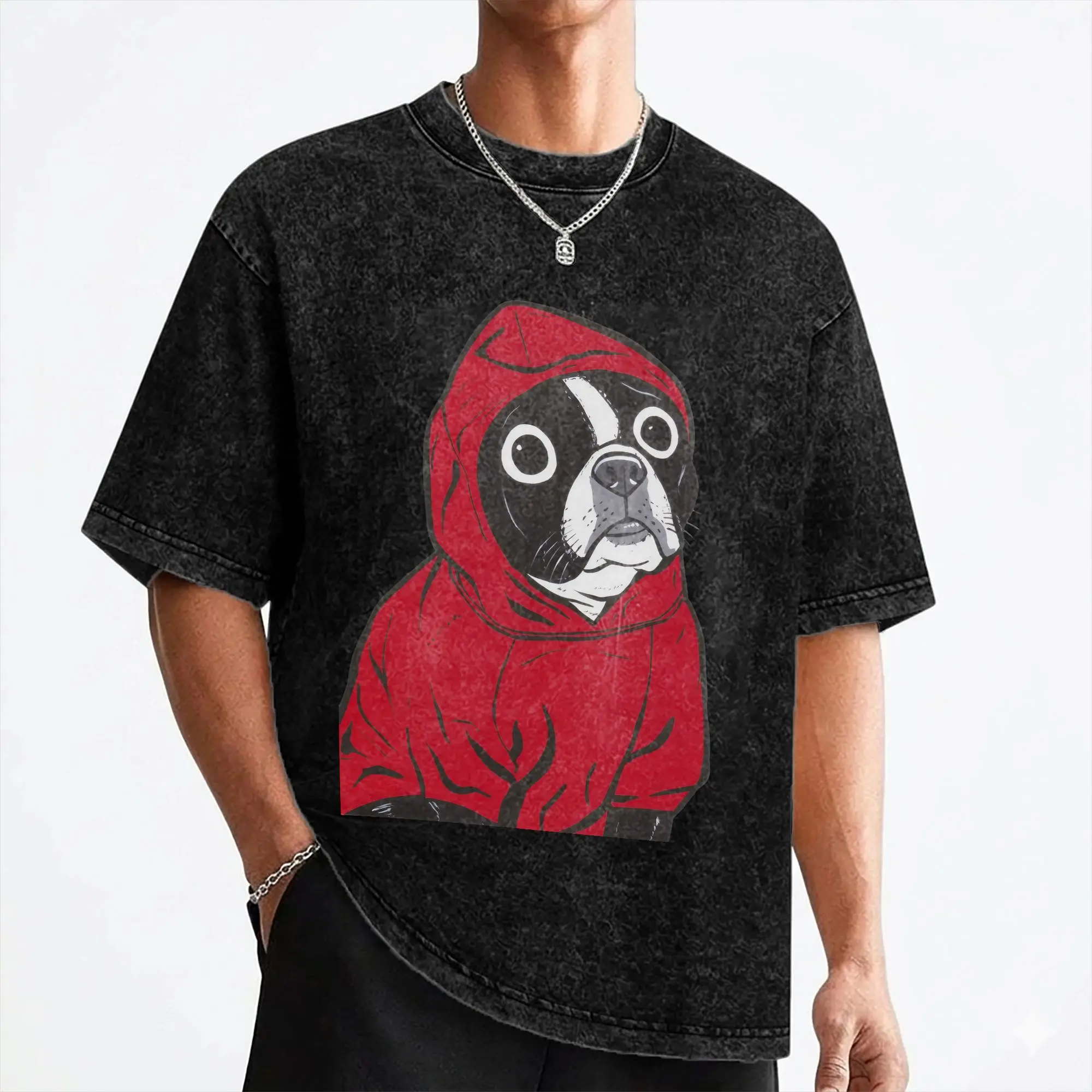 French Bulldog  T Shirts Washed Short Sleeve T-Shirt Boston Terrier in a Red Hoodie Men Women Streetwear Graphic Tops Tees